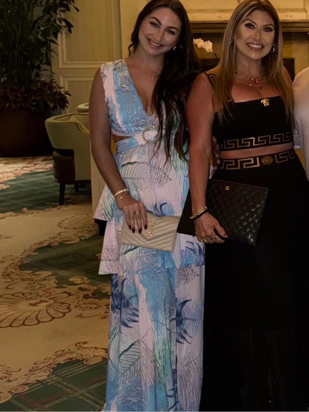 Sleeveless Blue & Pink Tropical Print Maxi Dress with Cutout Detail